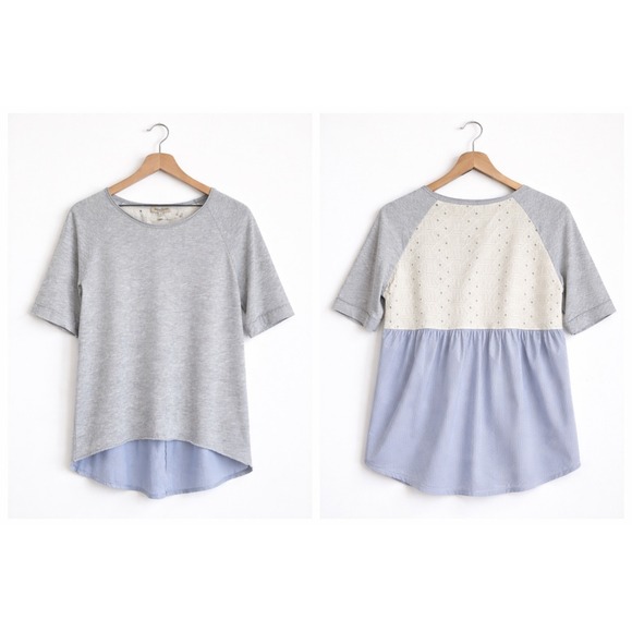 Alessia Pacini Tops - Alessia Pacini Italian Mixed Media Eyelet Back Top Gray Blue Striped Size M